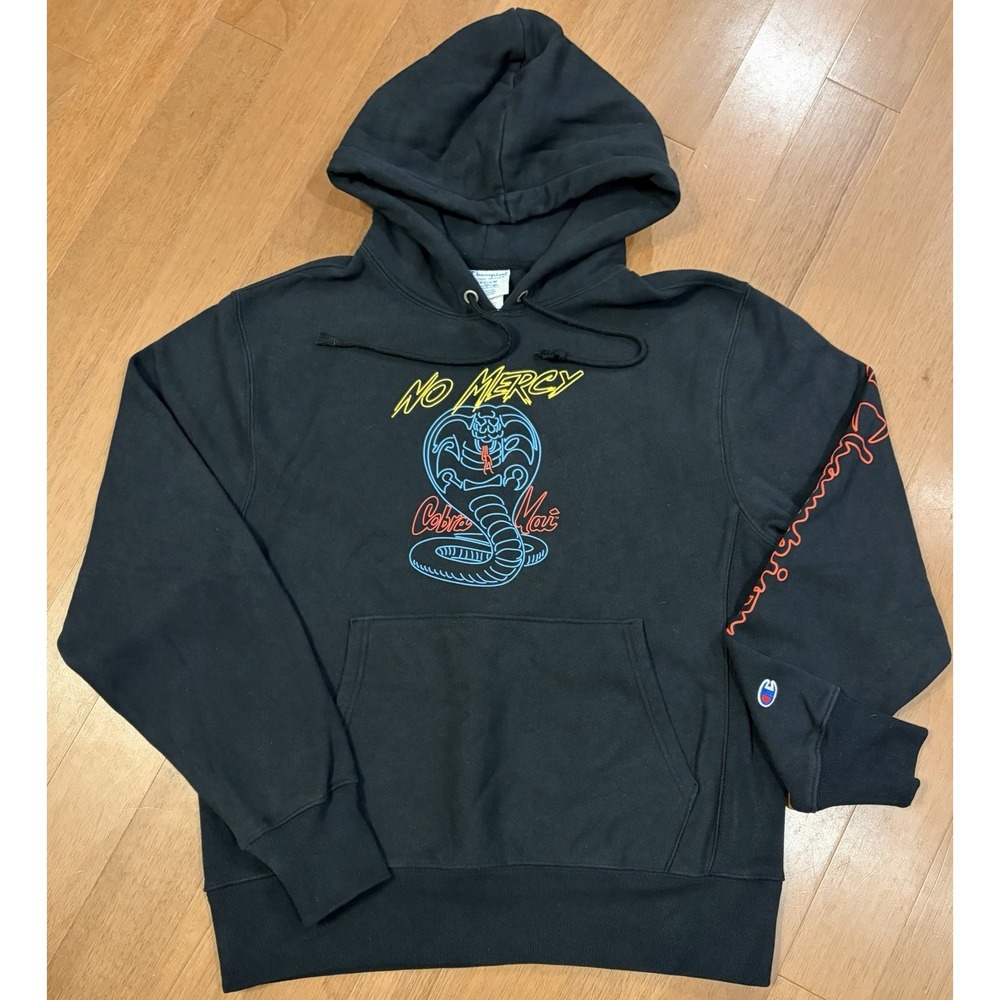 Champion x Cobra Kai Hoodie Reverse Weave M No Mercy Black Karate Kid Dojo
